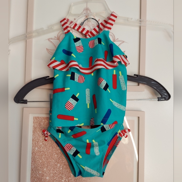 🎁5/$25-2T teal tankini two piece bathing suit,  popsicle pattern - Picture 2 of 10